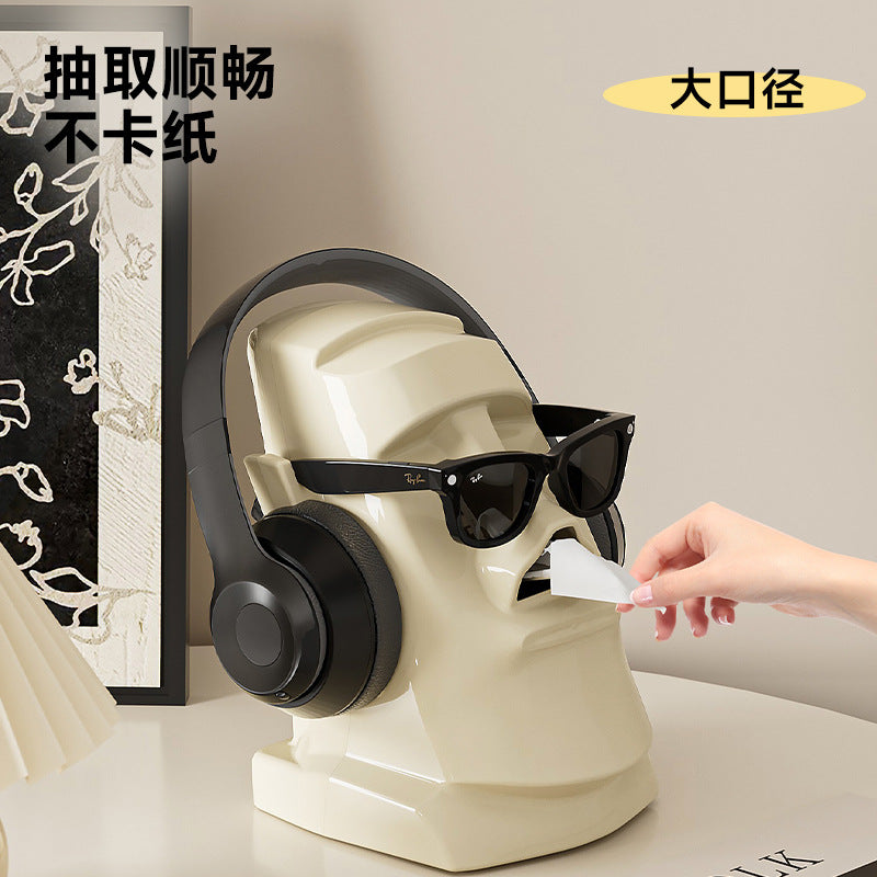 Creative Tissue Box Household Multifunctional Earphone Rack Large Capacity Built-in Spring Easter Island Moai Stone Tissue Box