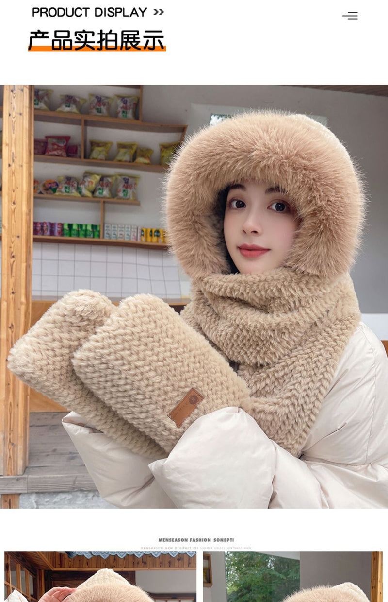 Fox Ear Hat and Scarf All-In-One Hat for Women in Winter, Cute Plush Fleece-Lined, Thickeneded and Warm, Two-Piece Set with Scarf