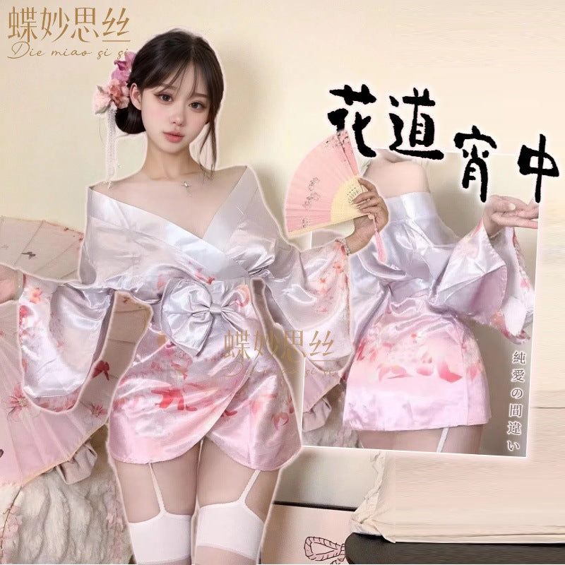 Diyi Miao Si Sexy Lingerie Deep V Floral Fox Dream Two-Dimensional Open-Front Japanese Retro Style Kimono Set A515