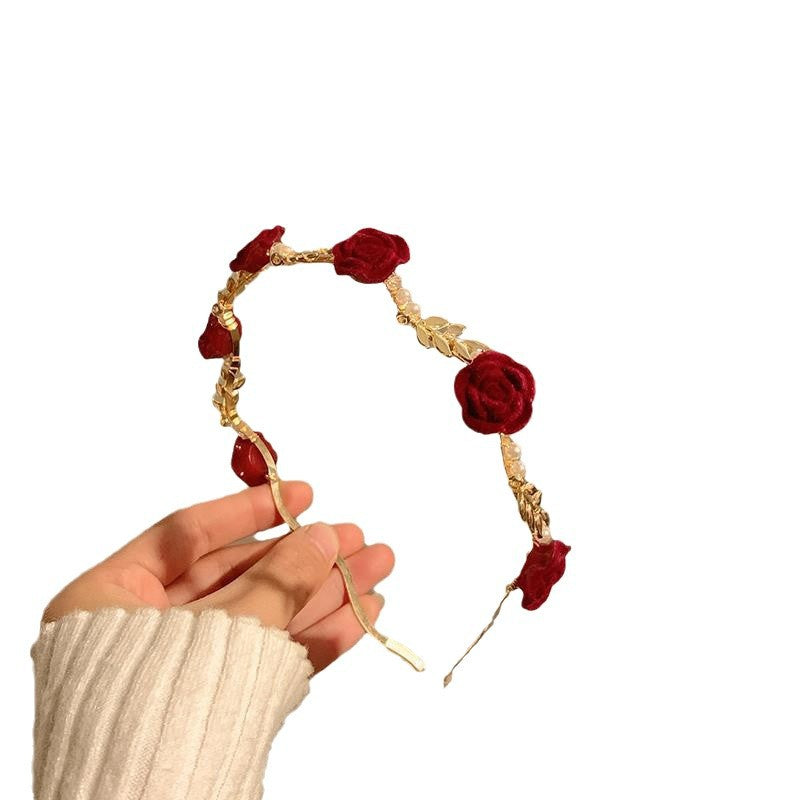 Cross-border Retro Dry Rose Red Flower Pearl Headband Women's High-end Sense Niche Hair Clamp Headband Bridal Headwear