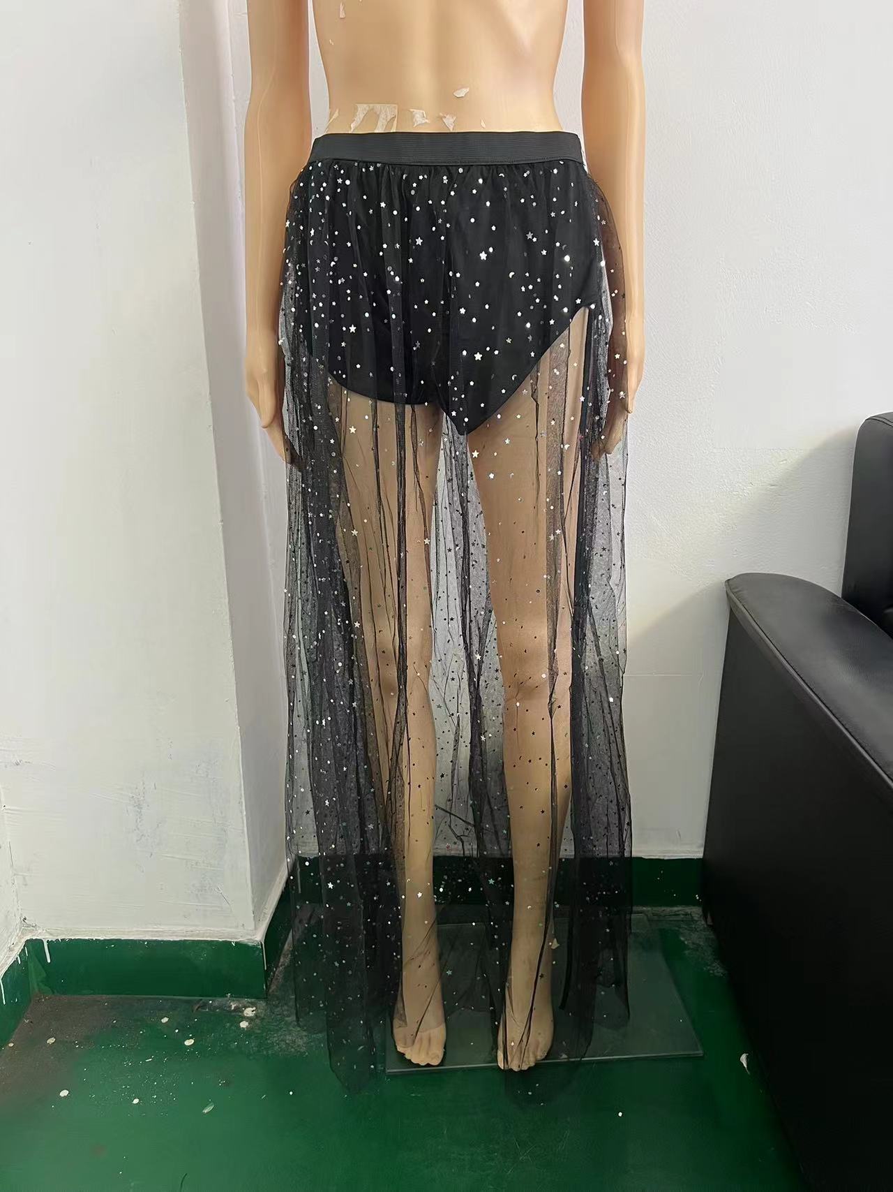 Ins Style Street Suspender Mesh Bikini Cover-Up Skirt Star See-Through Mesh Sexy Slim Fit