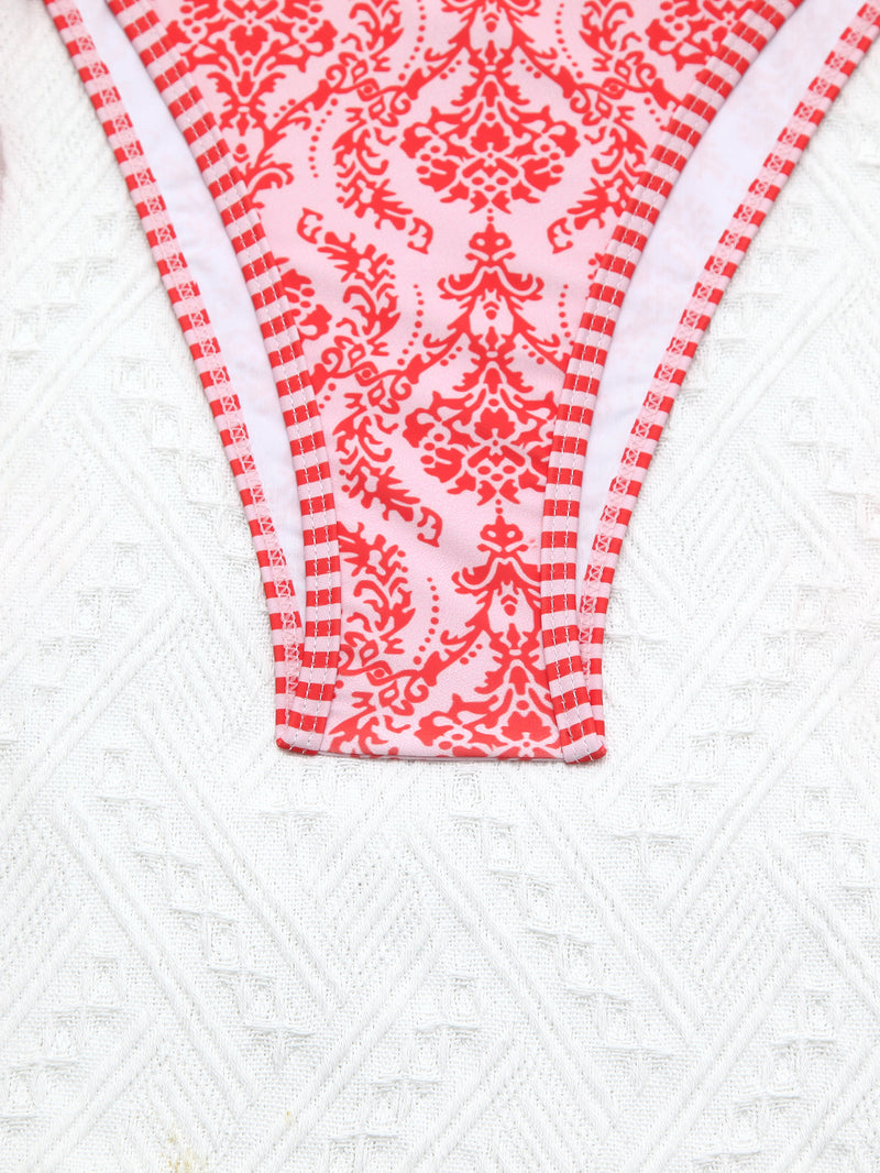 New Ins Style Sweet Pure Desire Style Bow Floral Stripe Split Double-Sided Swimsuit Women Bikini Sexy