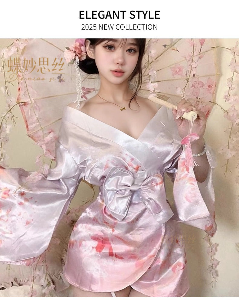 Diyi Miao Si Sexy Lingerie Deep V Floral Fox Dream Two-Dimensional Open-Front Japanese Retro Style Kimono Set A515