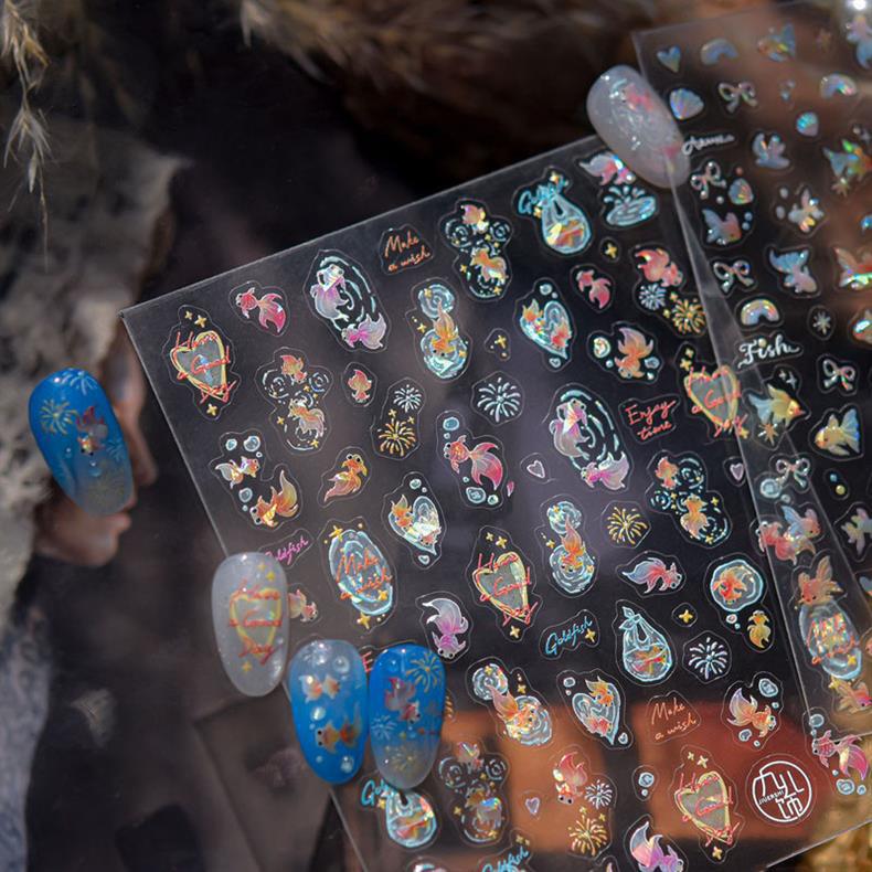 Goldfish Spark Nail Art Stickers Embossed New 3D Three-Dimensional 5D Internet Celebrity Ins National Style Koi Nail Stickers Decoration