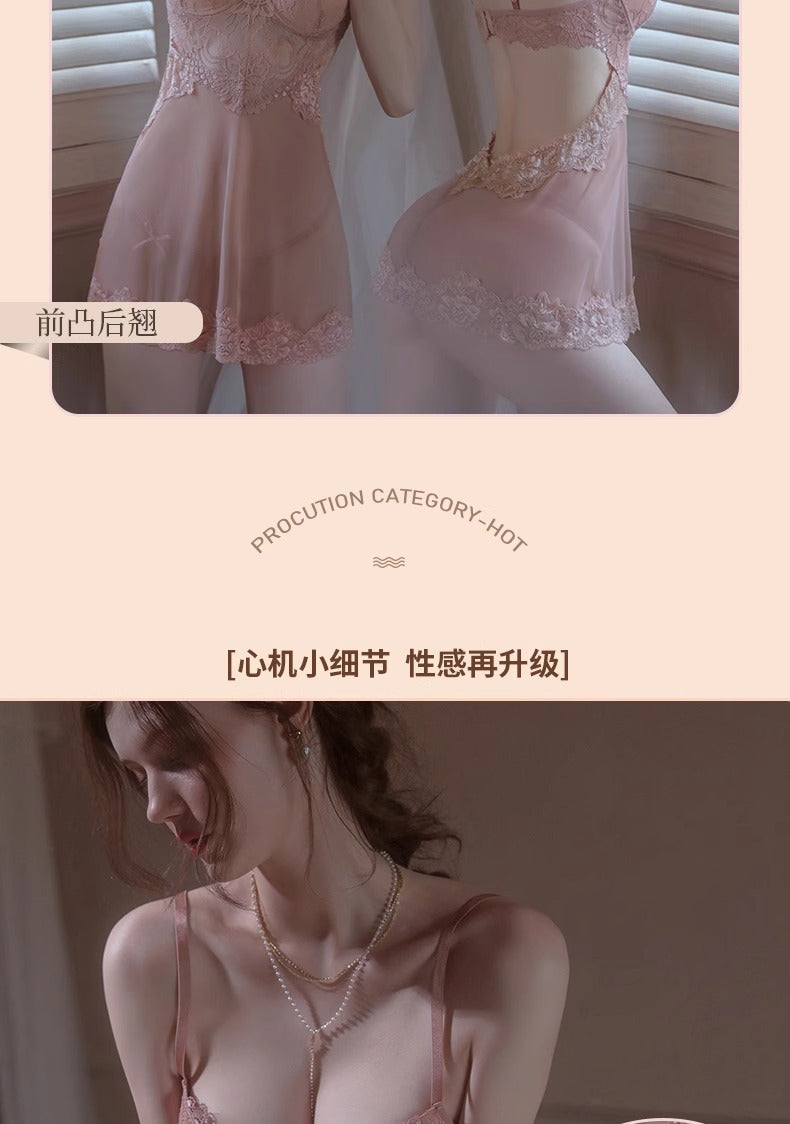 Sexy Lingerie with Breast Pads, Female Sexy Lace Suspender Nightgown, Pure Desire See-Through Small Breast Push-Up Suspender Nightgown for Women Qq