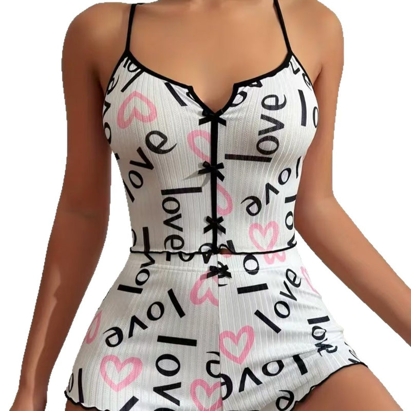 2024 Amazon Aliexpress New Product Heart-Shaped Printed Contrast Color Home Clothes Front Slit Suspender Pajamas Set