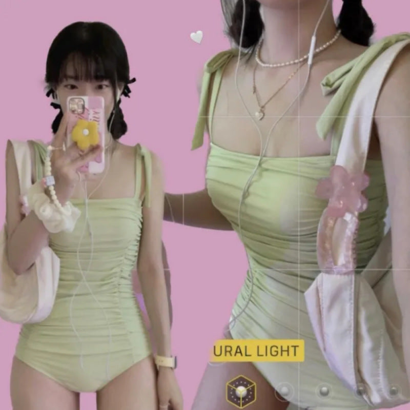 Swimwear Small Chest Gathering Flesh-Covering Slimming Women's Simple Swimsuit Women's Sexy Fresh Swimsuit South Korea Ins Style