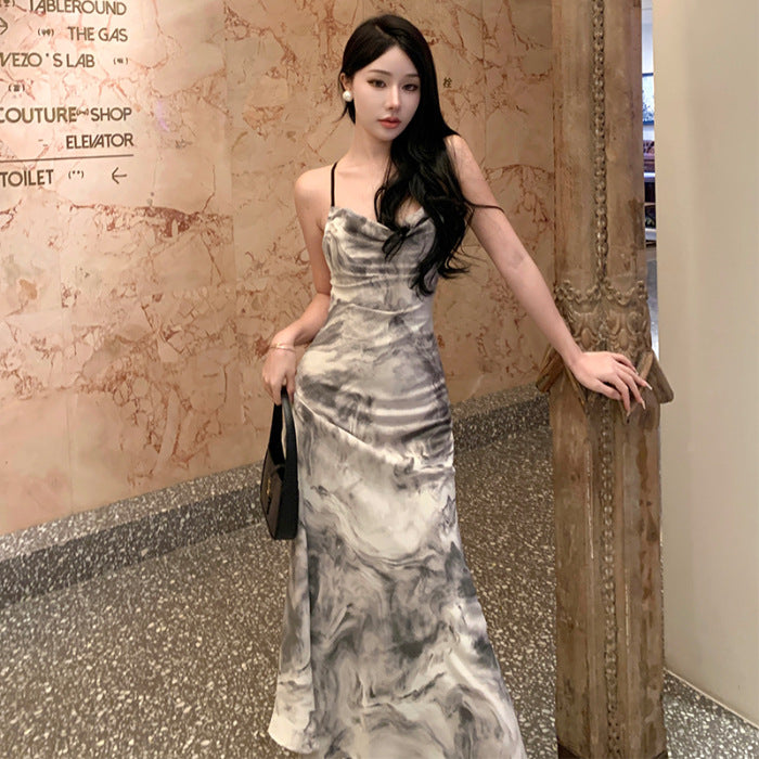 Ink Painting Suspender Dress for Women Summer 2025 New New Chinoiserie Backless Elegant Design Long Skirt Summer Dress