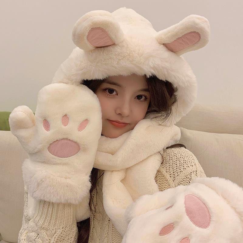 Fox Ear Hat and Scarf All-In-One Hat for Women in Winter, Cute Plush Fleece-Lined, Thickeneded and Warm, Two-Piece Set with Scarf