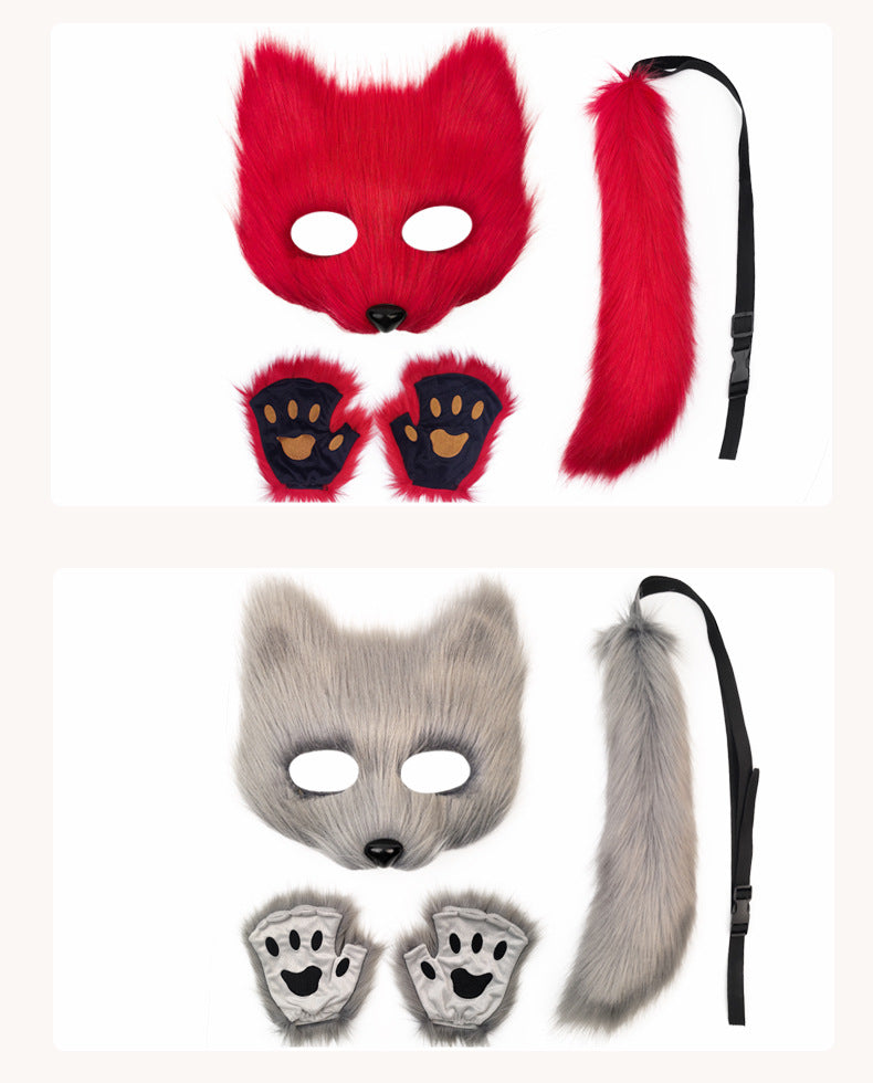 Fox Mask suit Plush Hand-made Animal Tail Gloves Tail Halloween Party Cat Animal Cos Props