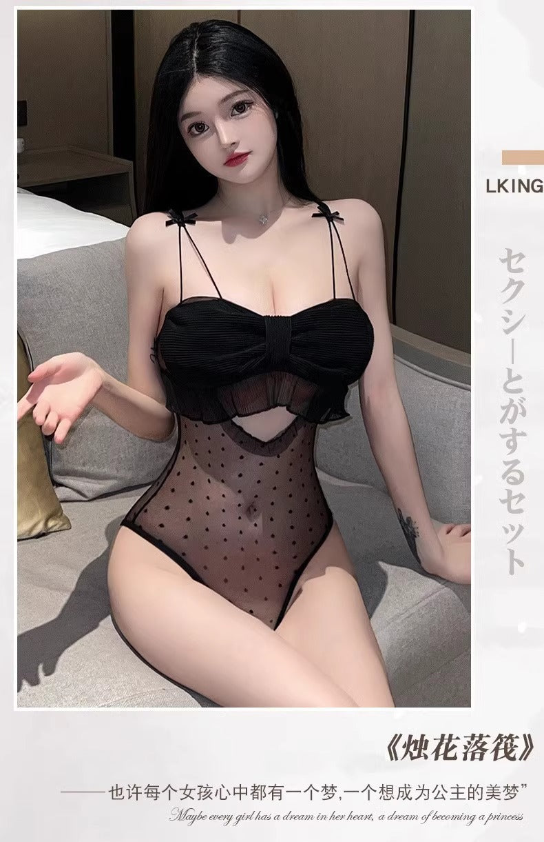 Sexy Intimates, Open Crotch, Temptation, No Need to Take Off, Provocative Sexy Suit, Hollow Lace See-Through Mesh Clothes on the Bed, Small Breasts Appear Bigger