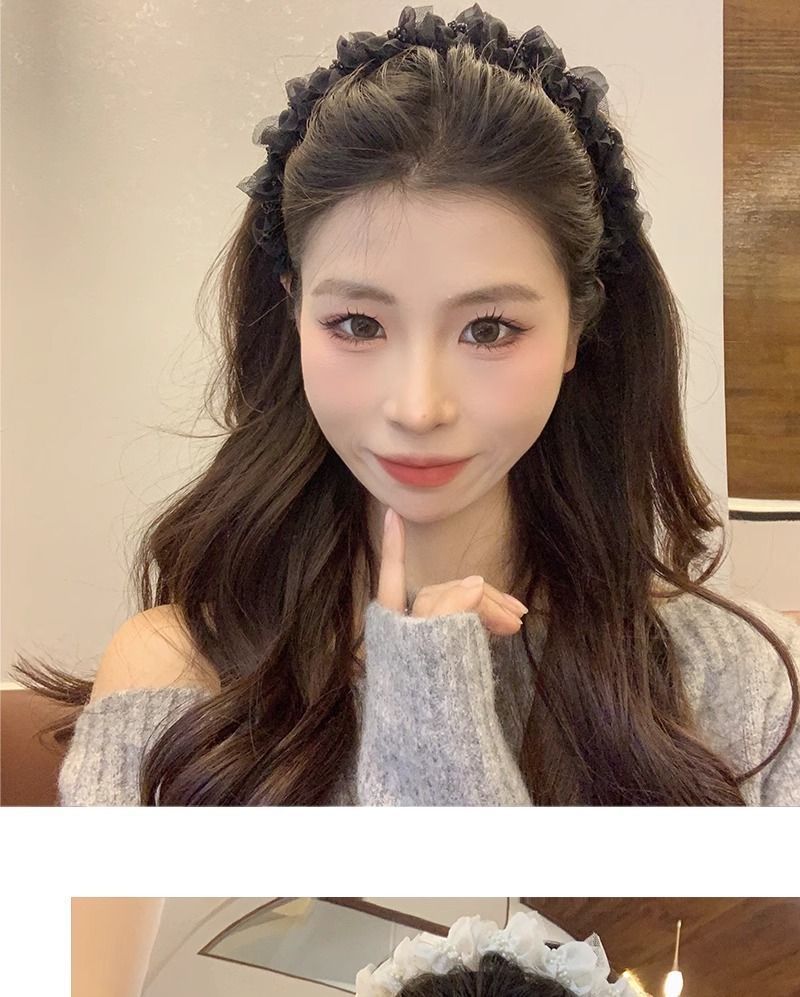 Mesh Pleated Beaded Headband for Women 2026 New Style Comb with Ribbon Headband High Crown Hair Accessory Bangs Hairpin