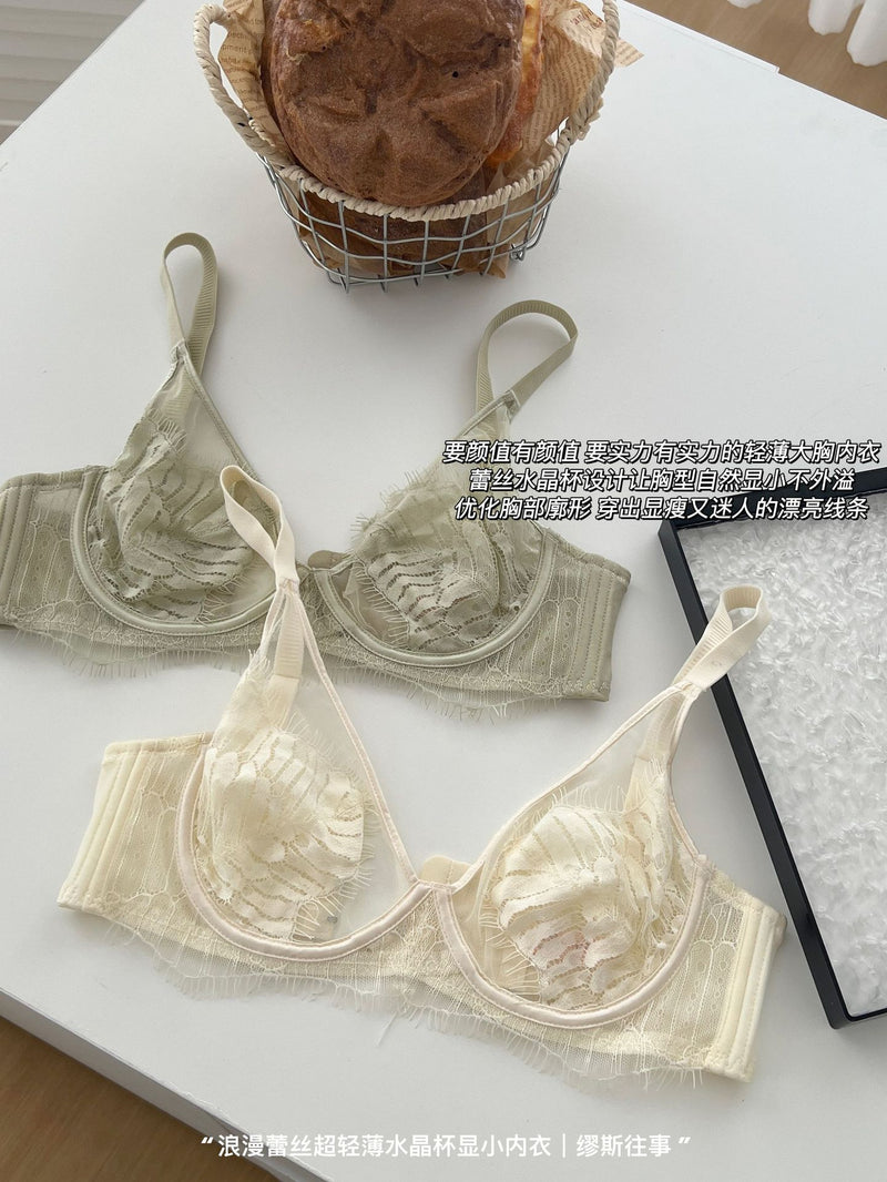 Pure Lust Style Ultra-Thin Sexy Mesh Lace Intimates for Women with Big Breasts, Small Push-Up Anti-Sagging Bra