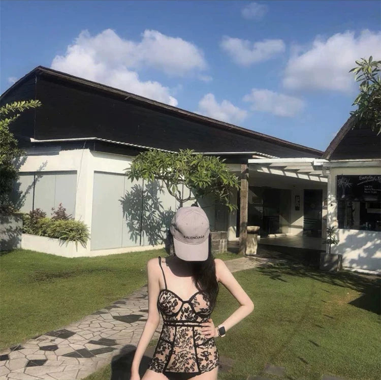 Ins Internet Celebrity Same Style Black Sexy Lace Swimsuit Women's Thinned Small Chest Push-up Slim Hot Spring Vacation Swimsuit
