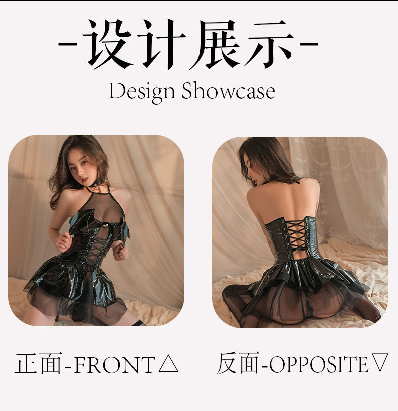 Ai Ruru Guanyun Sexy Lingerie Factory Patent Leather Temptation Mini Skirt Devil Cosplay Uniform Set