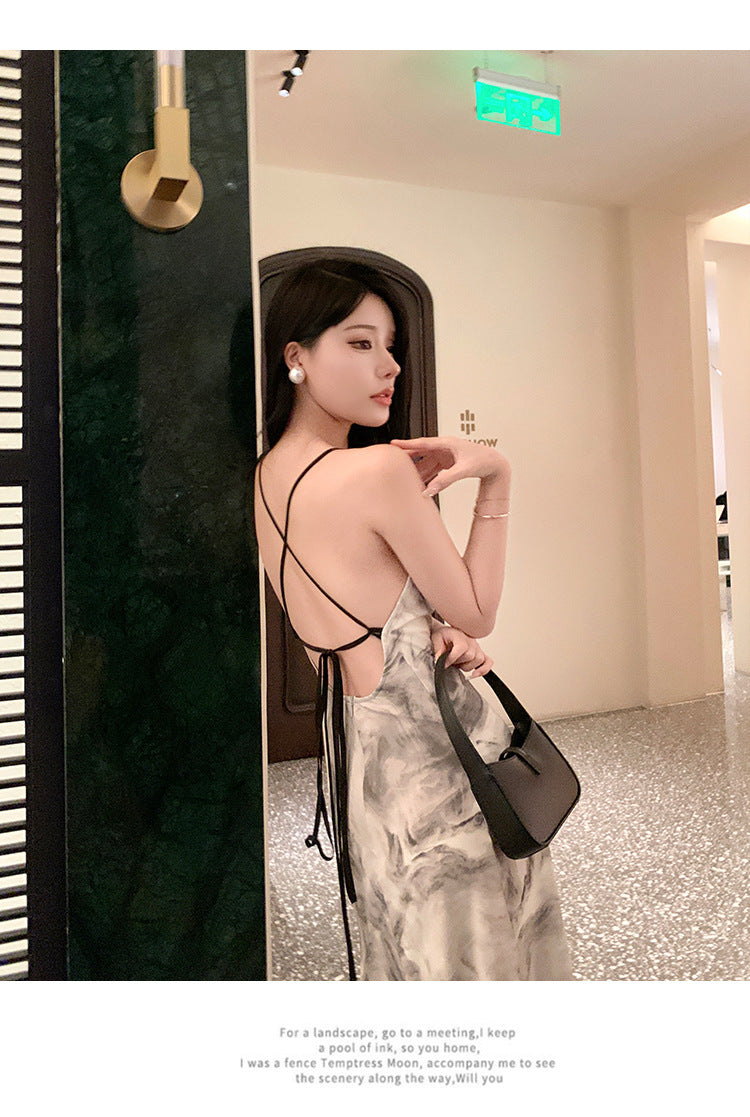 Ink Painting Suspender Dress for Women Summer 2025 New New Chinoiserie Backless Elegant Design Long Skirt Summer Dress