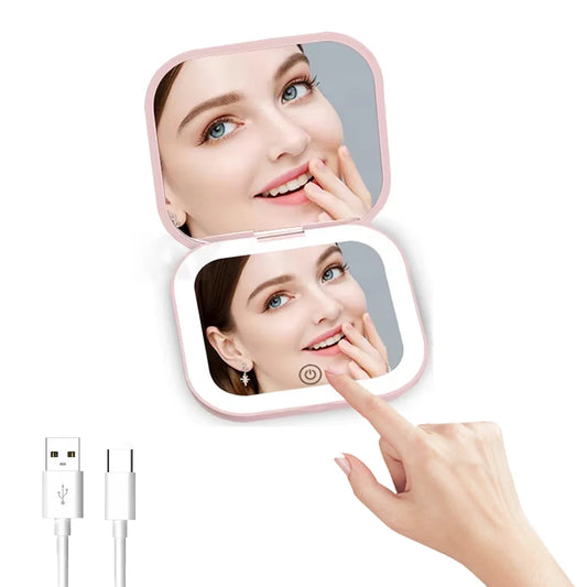 2X magnifying Compact Vanity Makeup Mirror with Lights Travel Mini Folding Portable Handheld Pocket LED Cosmetic Mirror for Gift