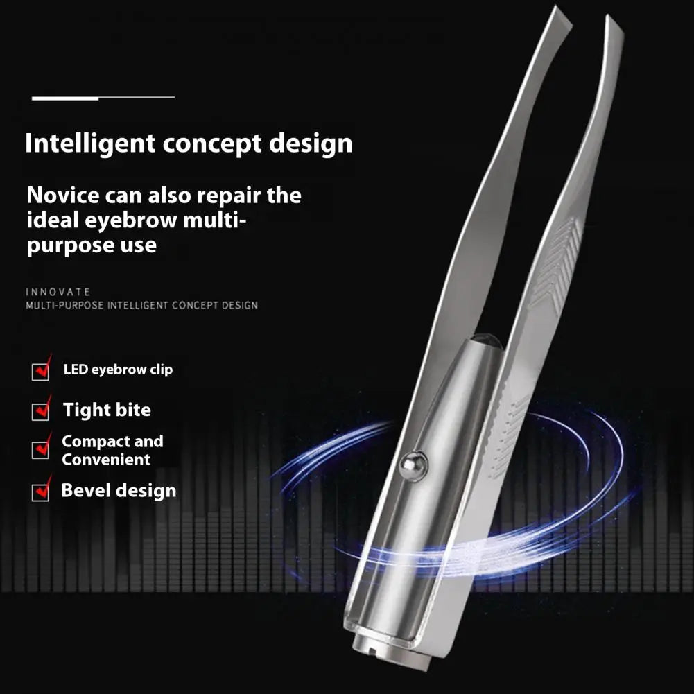 Stainless Steel Eyebrow Clip with LED Light Professional Lighted Eyebrow Tweezers Eyelash Brow Hair Removal Clamp Makeup Tools
