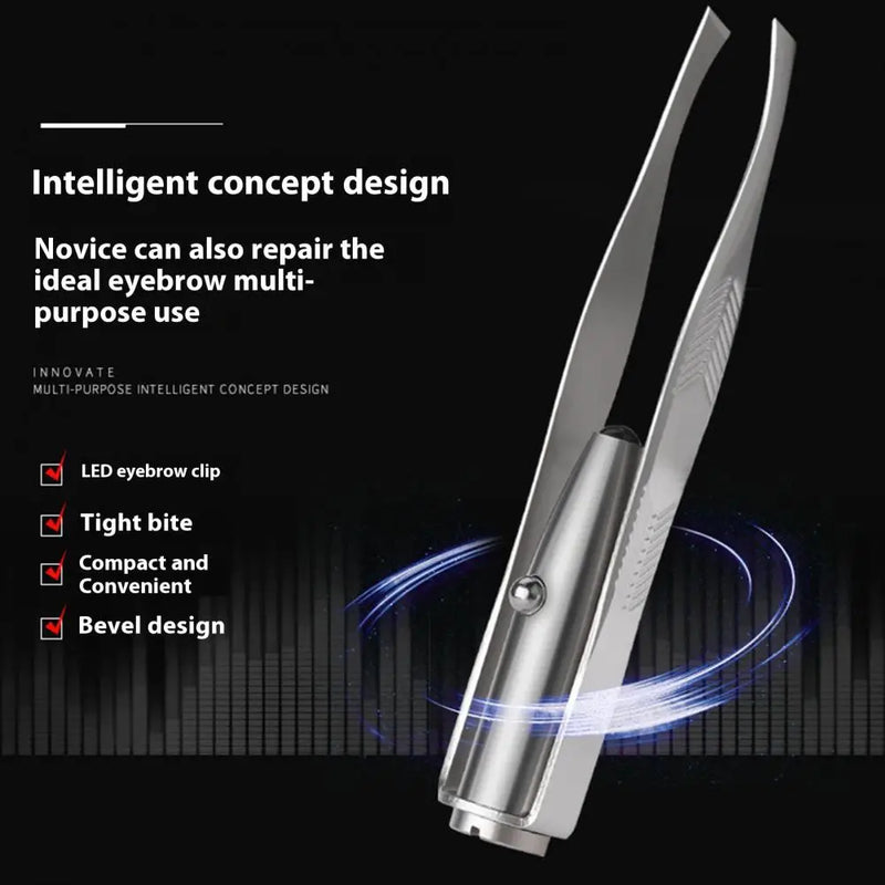 Stainless Steel Eyebrow Clip with LED Light Professional Lighted Eyebrow Tweezers Eyelash Brow Hair Removal Clamp Makeup Tools