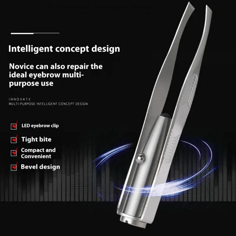 Stainless Steel Eyebrow Clip with LED Light Professional Lighted Eyebrow Tweezers Eyelash Brow Hair Removal Clamp Makeup Tools