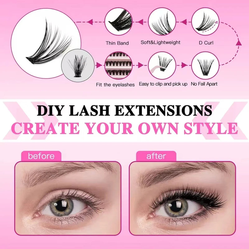 DIY Clusters Lash Kit Full Set 8-16mm Mix Bond&Seal Tweezers Lash for Self Application Makeup Individual Eyelash Extensions