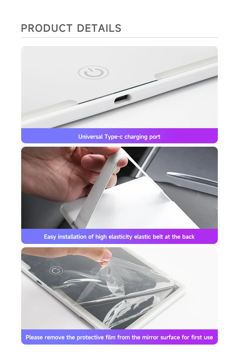 Car Interior Mirrors Sun Visor Plate LED HD Makeup Mirror for Girls Women Rechargeable Fill Light Universal Thin Vanity Mirror