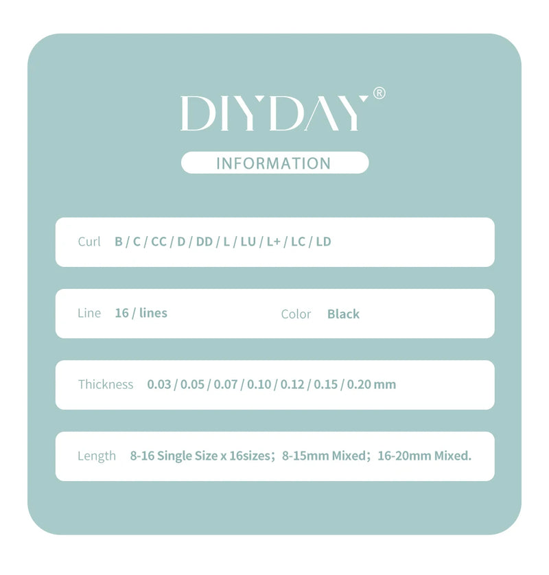 DIYDAY 16Rows Mink Lashes Individual Natural False Eyelashes B C CC D DD Curl Eyelash Extension Supplies for Makeup