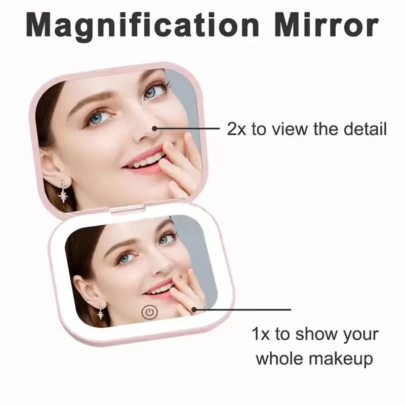 2X magnifying Compact Vanity Makeup Mirror with Lights Travel Mini Folding Portable Handheld Pocket LED Cosmetic Mirror for Gift