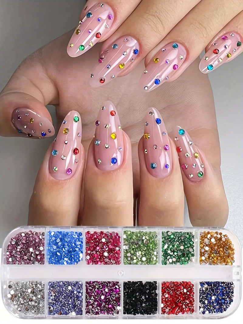 12 Grid Shimmering Crystal Nail Art Rhinestones - Flatback Gemstones for Versatile Decoration - Adorns Nails Shoes Makeup Bags