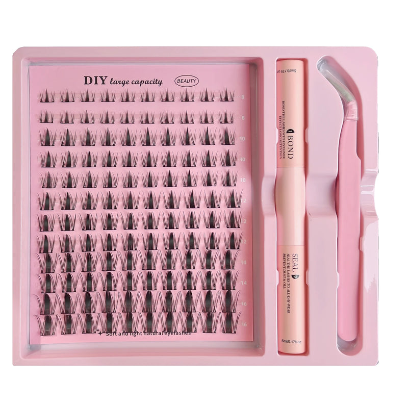 DIY Clusters Lash Kit Full Set 8-16mm Mix Bond&Seal Tweezers Lash for Self Application Makeup Individual Eyelash Extensions