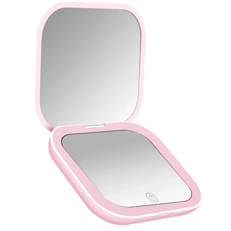 2X magnifying Compact Vanity Makeup Mirror with Lights Travel Mini Folding Portable Handheld Pocket LED Cosmetic Mirror for Gift