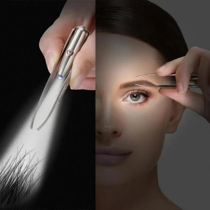 Stainless Steel Eyebrow Clip with LED Light Professional Lighted Eyebrow Tweezers Eyelash Brow Hair Removal Clamp Makeup Tools