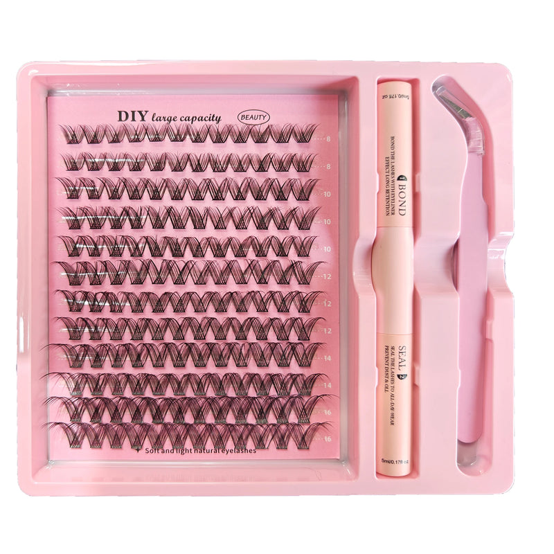 DIY Clusters Lash Kit Full Set 8-16mm Mix Bond&Seal Tweezers Lash for Self Application Makeup Individual Eyelash Extensions