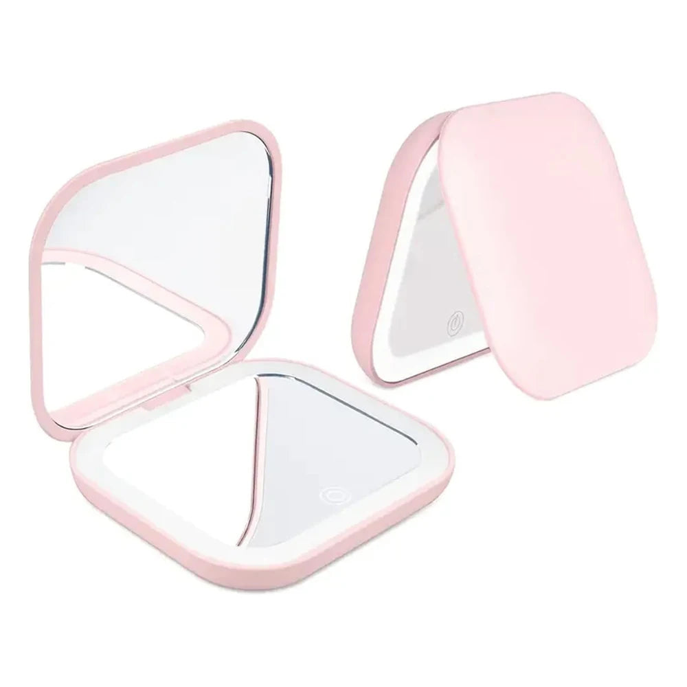 2X magnifying Compact Vanity Makeup Mirror with Lights Travel Mini Folding Portable Handheld Pocket LED Cosmetic Mirror for Gift